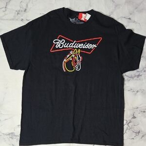 Budweiser Black Tee with Red, White & Yellow Neon Horse Logo